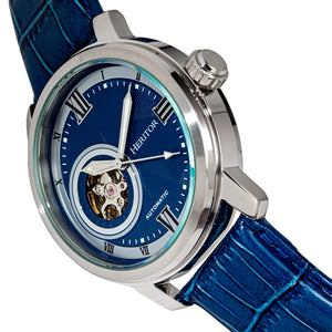 Heritor Automatic Maxim Semi-Skeleton Leather-Band Watch - Silver/Blue - HERHR8603