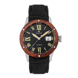 Heritor Automatic Everest Wooden Bezel Leather Band Watch /Date  - Silver/Black - HERHS1601