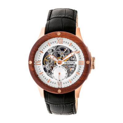 Heritor Automatic Belmont Wood Bezel Skeleton Leather-Band Watch - HERHR3905
