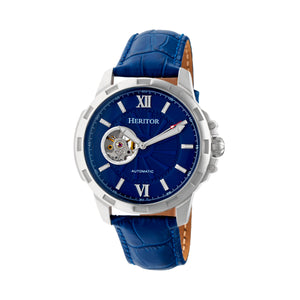 Heritor Automatic Bonavento Semi-Skeleton Leather-Band Watch - Silver/Blue - HERHR5603