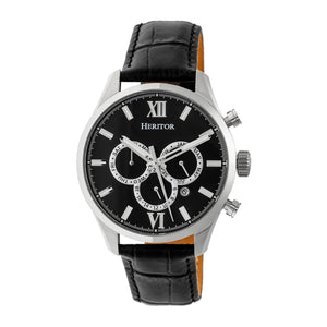 Heritor Automatic Benedict Leather-Band Watch w/ Day/Date - Silver/Black - HERHR6802