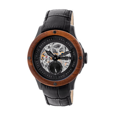 Heritor Automatic Belmont Wood Bezel Skeleton Leather-Band Watch - HERHR3907