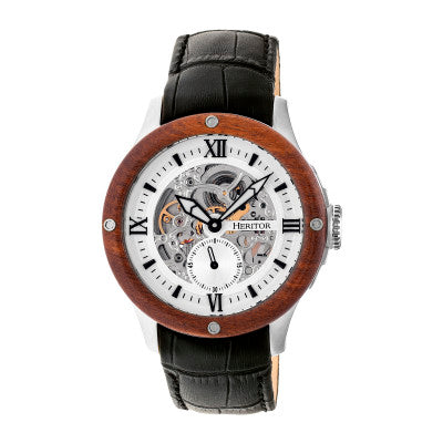 Heritor Automatic Belmont Wood Bezel Skeleton Leather-Band Watch - HERHR3901
