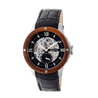 Heritor Automatic Belmont Wood Bezel Skeleton Leather-Band Watch - HERHR3902