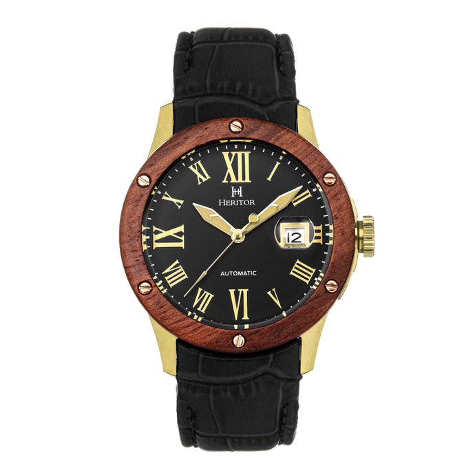 Heritor Automatic Everest Wooden Bezel Leather Band Watch /Date - HERHS1603