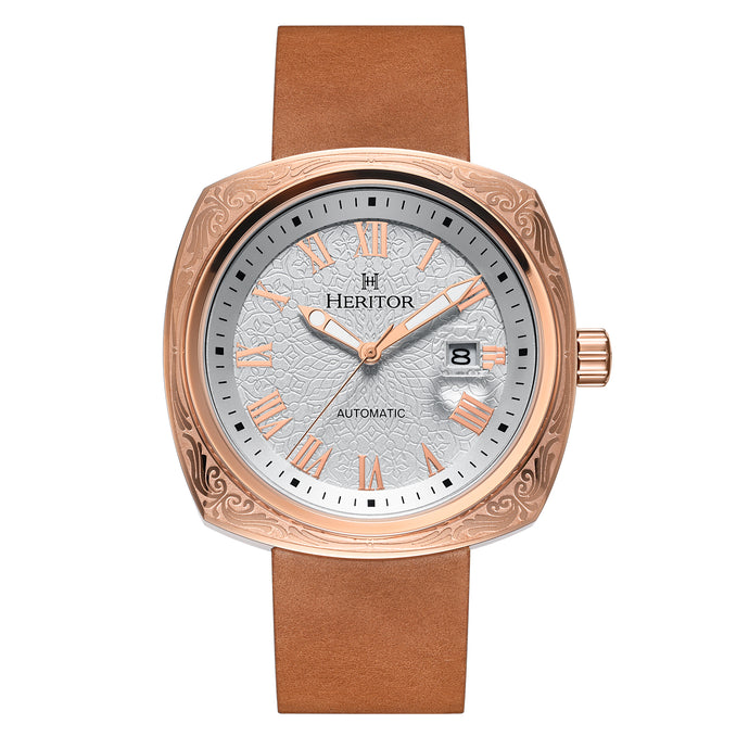 Heritor Automatic Davenport Engraved-Case Leather-Band Watch w/ Date - HERHS3204