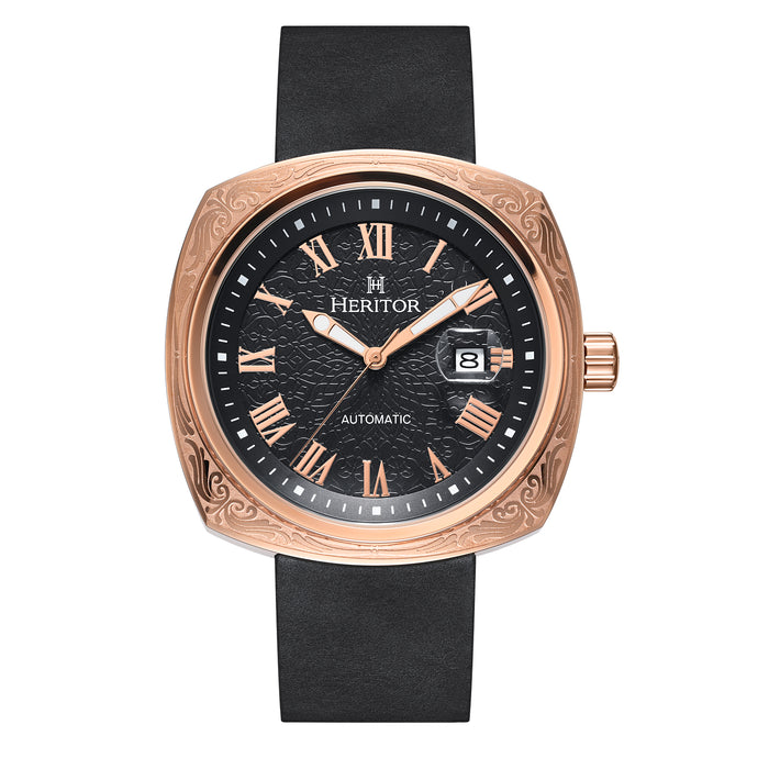 Heritor Automatic Davenport Engraved-Case Leather-Band Watch w/ Date - HERHS3205