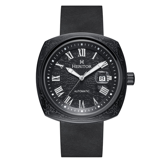 Heritor Automatic Davenport Engraved-Case Leather-Band Watch w/ Date - HERHS3206