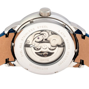 Heritor Automatic Sanford Semi-Skeleton Leather-Band Watch - Silver/Blue - HERHR8301