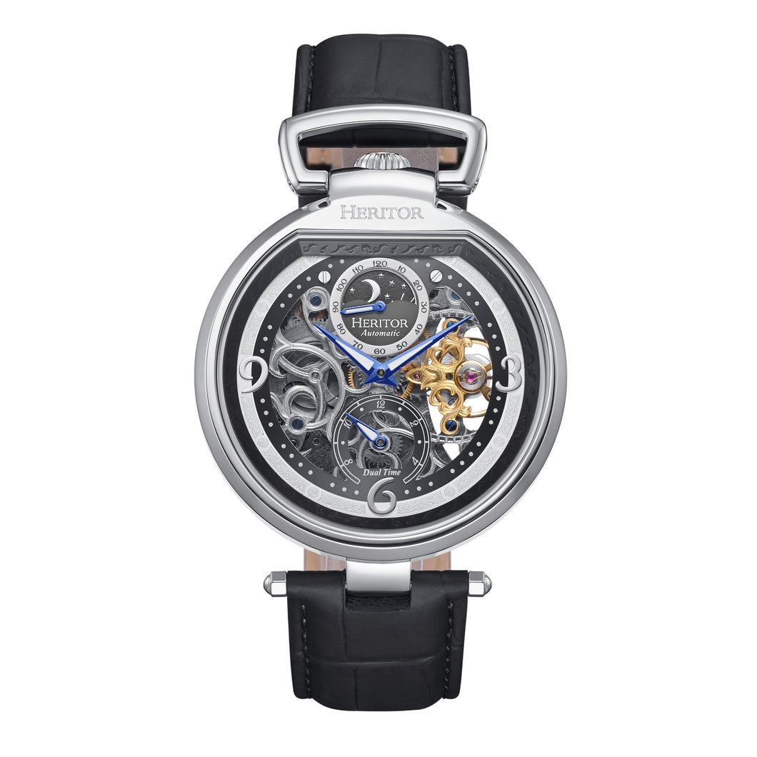 Heritor Automatic Lincoln Semi-Skeleton Leather-Band Watch - Silver & Black/Black - HERHS3601