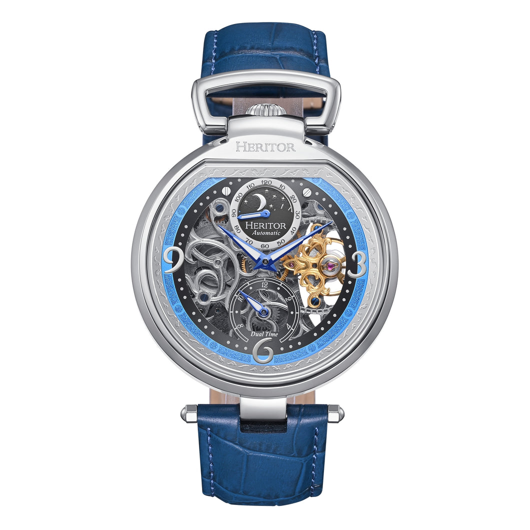 Heritor Automatic Lincoln Semi-Skeleton Leather-Band Watch - Silver/Blue - HERHS3603