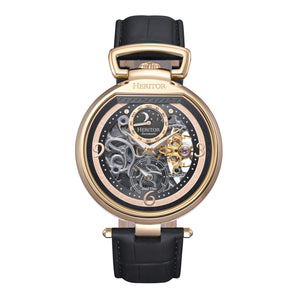 Heritor Automatic Lincoln Semi-Skeleton Leather-Band Watch - Gold/Black - HERHS3604