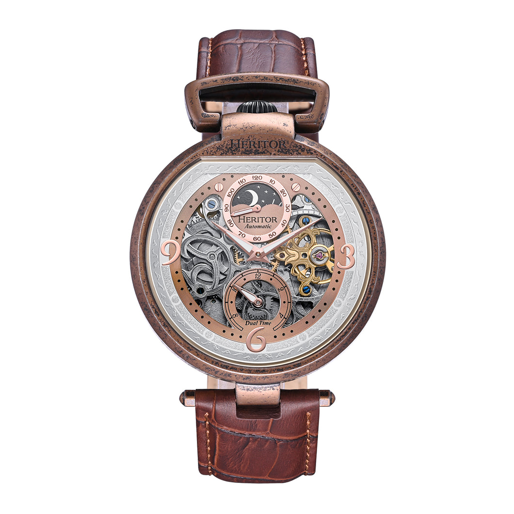 Heritor Automatic Lincoln Semi-Skeleton Leather-Band Watch - Brown/Bronze - HERHS3605
