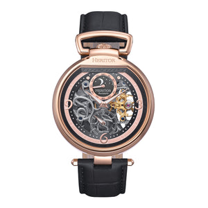 Heritor Automatic Lincoln Semi-Skeleton Leather-Band Watch - Rose Gold/Black - HERHS3606