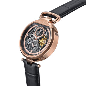 Heritor Automatic Lincoln Semi-Skeleton Leather-Band Watch - Rose Gold/Black - HERHS3606