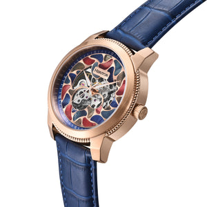 Heritor Automatic Emmanuel Semi-Skeleton Leather-Band Watch - Rose Gold/Blue - HERHS3704