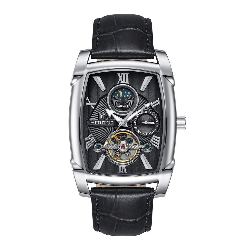 Heritor Automatic Valentin Leather-Band Watch w/Date - Silver/Black - HERHS4401