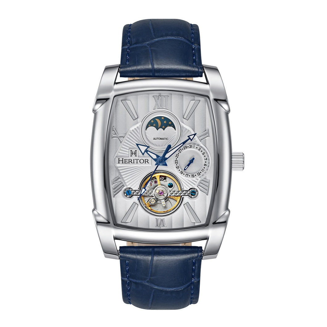 Heritor Automatic Valentin Leather-Band Watch w/Date - Silver/Blue - HERHS4403