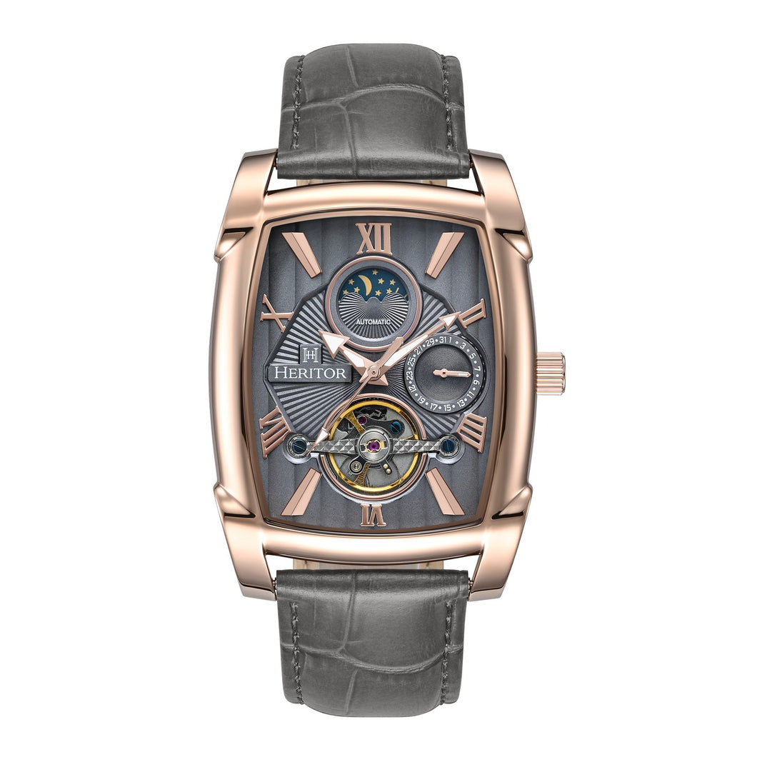 Heritor Automatic Valentin Leather-Band Watch w/Date - Rose Gold/Grey - HERHS4406