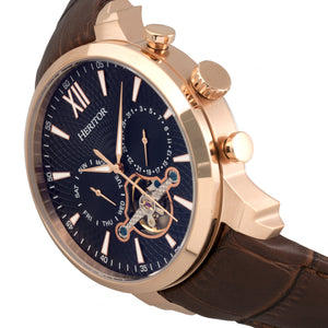 Heritor Automatic Arthur Semi-Skeleton Leather-Band Watch w/ Day/Date - Rose Gold/Black - HERHR7906