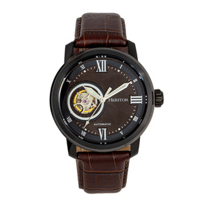 Heritor Automatic Maxim Semi-Skeleton Leather-Band Watch - Black/Brown - HERHR8605