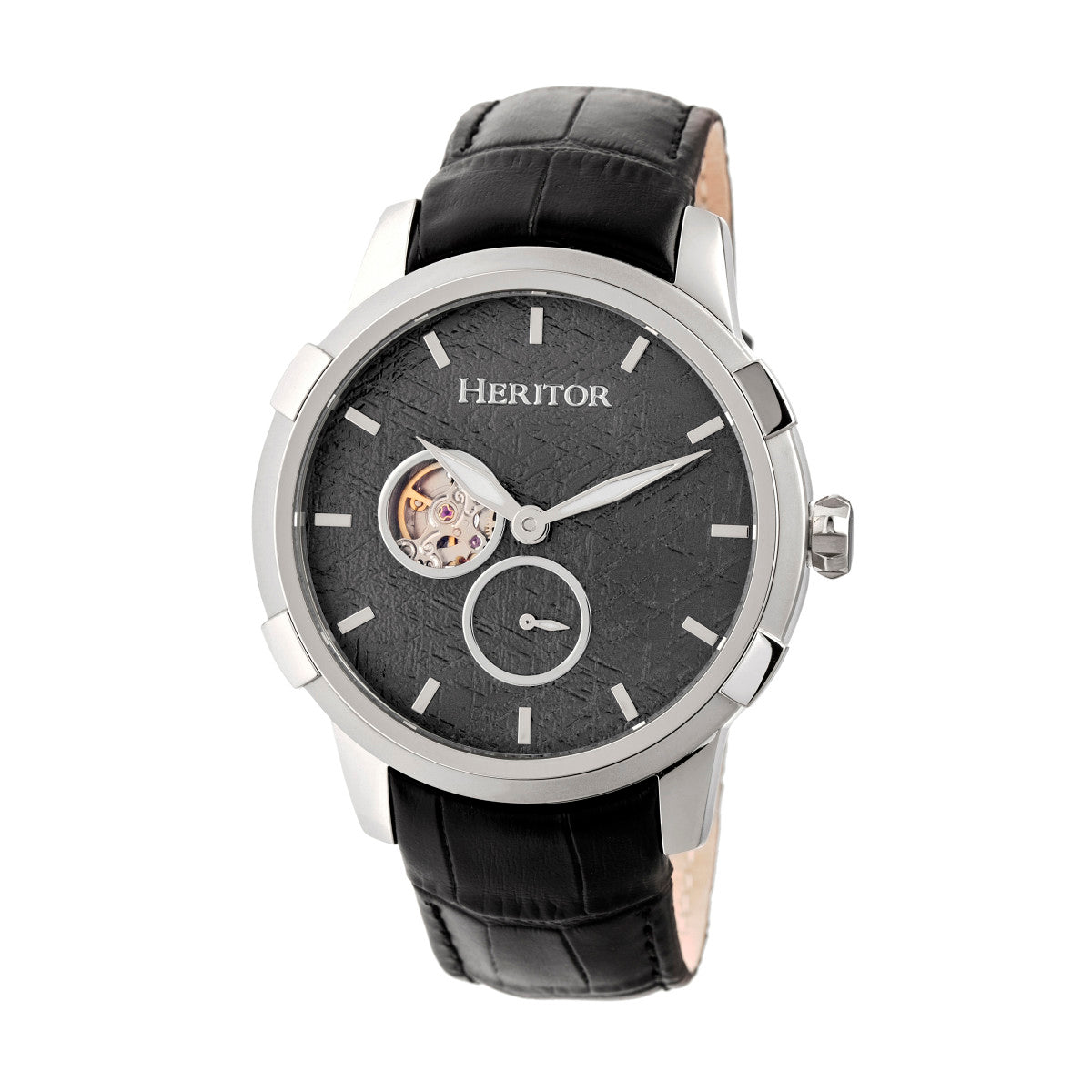 Heritor HR1502 Men's Automatic Day/Date high quality Black Dial Leather Band Silver Watch