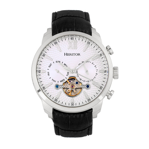 Heritor Automatic Arthur Semi-Skeleton Leather-Band Watch w/ Day/Date - Silver - HERHR7901