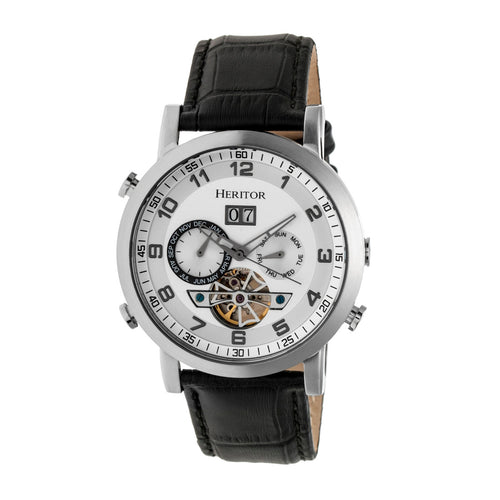 Heritor Automatic Edmond Leather-Band Watch w/Date - Silver - HERHR6201