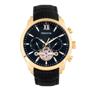 Heritor Automatic Arthur Semi-Skeleton Leather-Band Watch w/ Day/Date - Gold/Black - HERHR7905