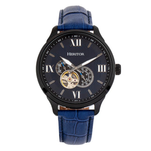 Heritor Automatic Harding Semi-Skeleton Leather-Band Watch - Black/Blue - HERHR9005