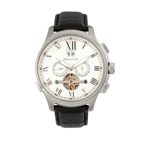 Heritor Automatic Hudson Semi-Skeleton Leather-Band Watch w/Day/Date - Black/White - HERHR7501