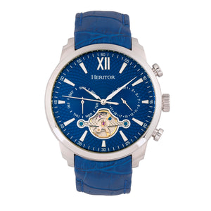 Heritor Automatic Arthur Semi-Skeleton Leather-Band Watch w/ Day/Date - Silver/Blue - HERHR7903