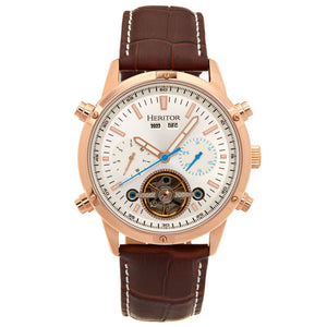 Heritor Automatic Wilhelm Semi-Skeleton Leather-Band Watch w/Day/Date - Brown/Rose Gold - HERHS2106