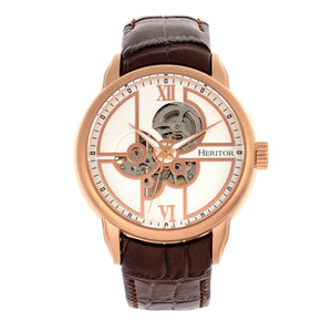 Heritor Automatic Sanford Semi-Skeleton Leather-Band Watch - Rose Gold/Brown - HERHR8304