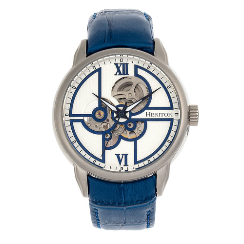 Heritor Automatic Sanford Semi-Skeleton Leather-Band Watch - Silver/Blue - HERHR8301
