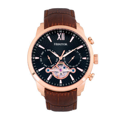 Heritor Automatic Arthur Semi-Skeleton Leather-Band Watch w/ Day/Date - HERHR7906