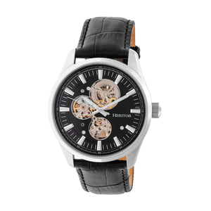 Heritor Automatic Stanley Semi-Skeleton Leather-Band Watch - Silver/Black - HERHR6504