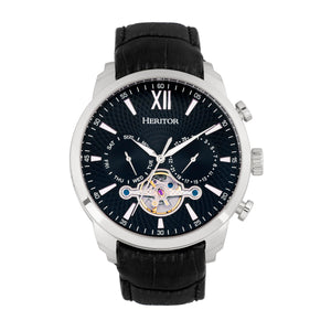 Heritor Automatic Arthur Semi-Skeleton Leather-Band Watch w/ Day/Date - Silver/Black - HERHR7902