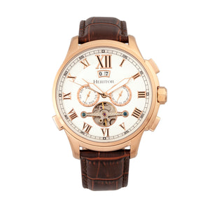 Heritor Automatic Hudson Semi-Skeleton Leather-Band Watch w/Day/Date - Brown/Rose Gold - HERHR7504