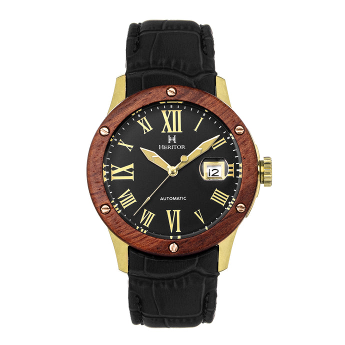 Heritor Automatic Everest Wooden Bezel Leather Band Watch /Date - HERHS1603