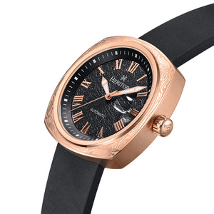 Heritor Automatic Davenport Engraved-Case Leather-Band Watch w/ Date - Rose Gold/Black - HERHS3205
