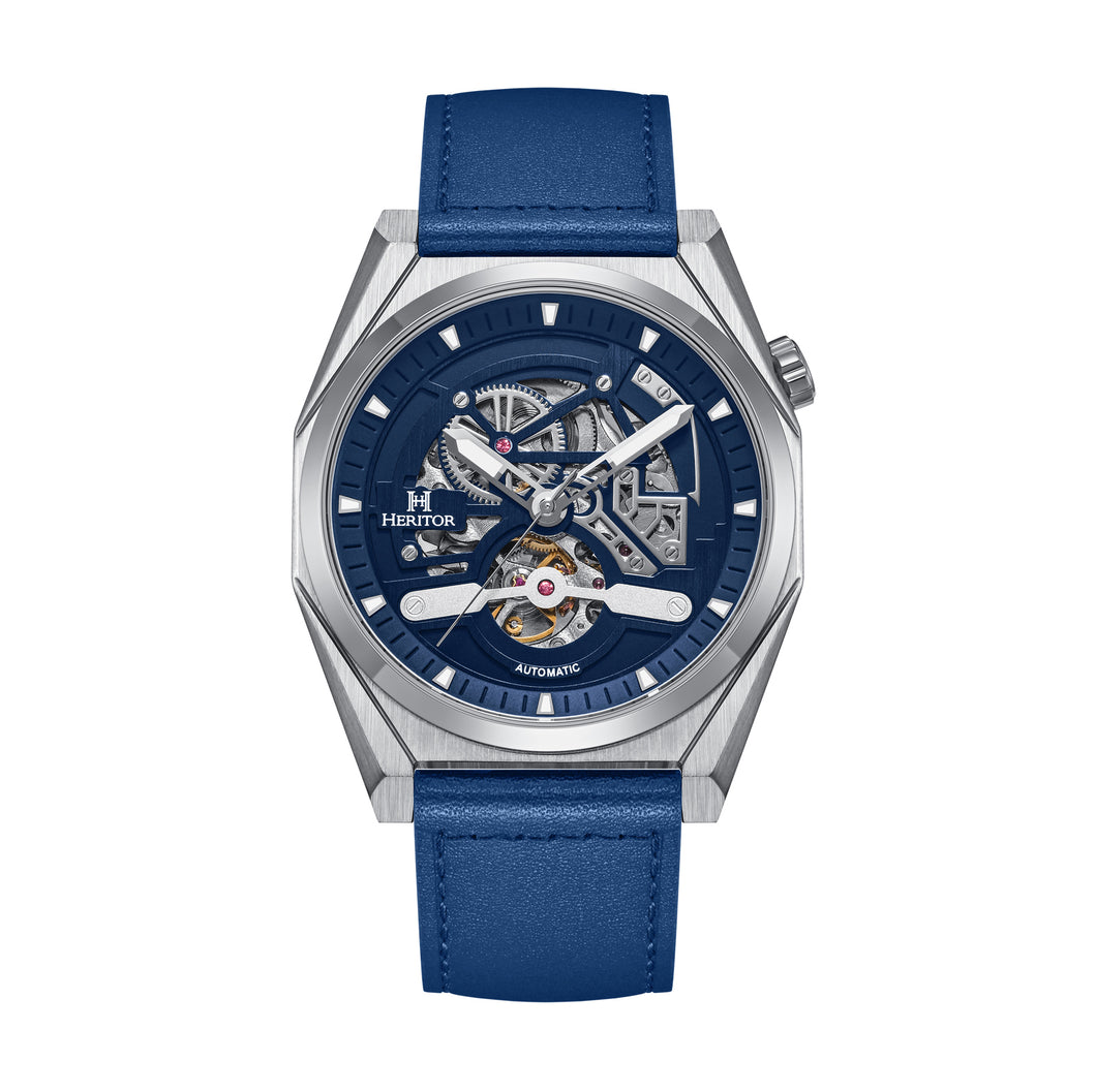 Heritor Automatic Amadeus Semi-Skeleton Leather-Band Watch - Silver/Blue - HERHS3402