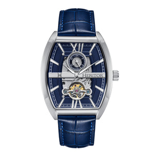 Heritor Automatic Masterson Semi-Skeleton Leather-Band Watch - Silver/Blue - HERHS3502