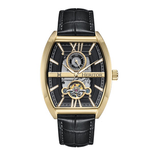 Heritor Automatic Masterson Semi-Skeleton Leather-Band Watch - Gold/Black - HERHS3503